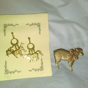 Handcrafted Brass brooch and earrings Farm animals